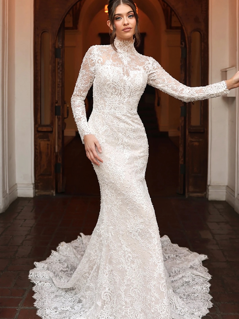 High-Neck Lace Long-Sleeve Wedding Gown in Ivory